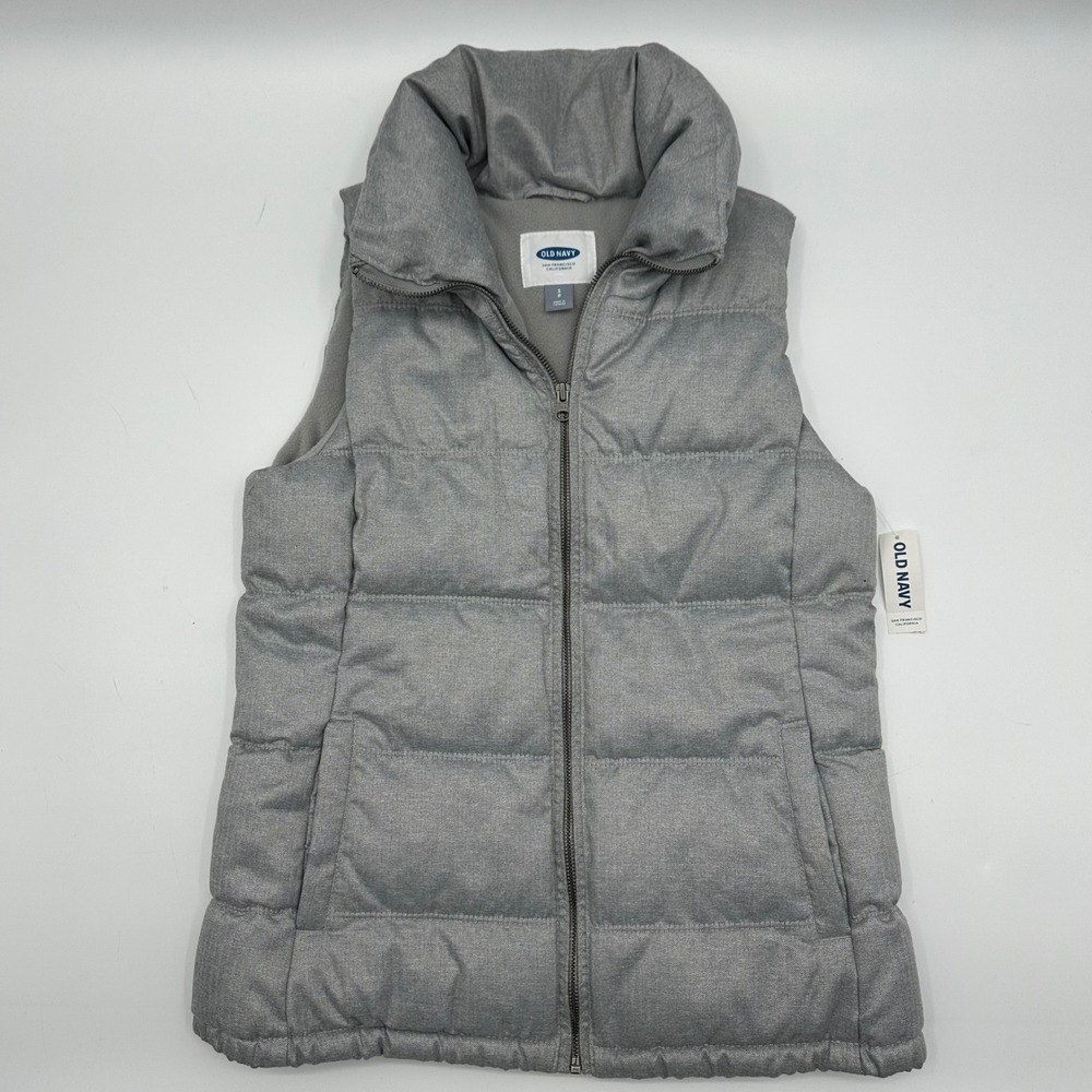 Old Navy Mens Small S Gray Herringbone Puffer Vest Full Zip Fleece Lined NEW NWT